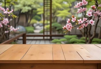 Asian table mockup with a zen garden background, perfect for product presentation and decor ideas