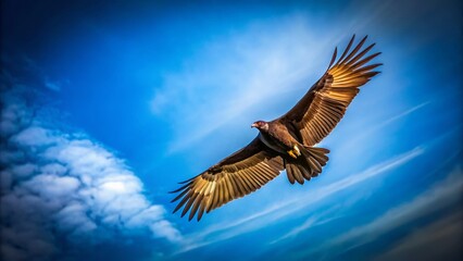 Fototapeta premium Black Vulture Majestic Flight, Minimalist Blue Sky Soaring Bird