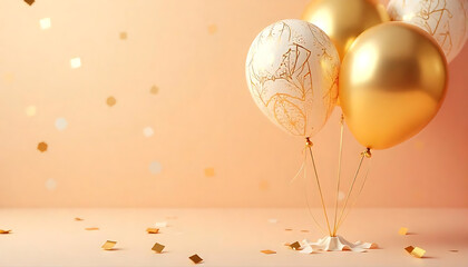 Obraz premium Happy New Year 2025, Realistic gold and white balloons on a light background, Banner template for 2025 header websites, 2025 celebration template created with generative ai