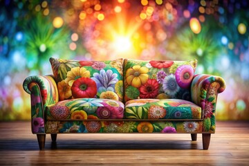 A vibrant, floral patterned sofa elevates the modern home decor, a stylish living room centerpiece.