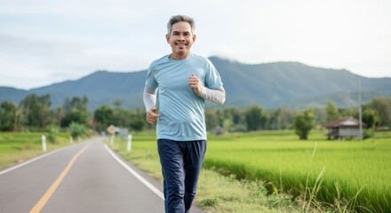 Mature asian man jogging on countryside road with scenic mountain view