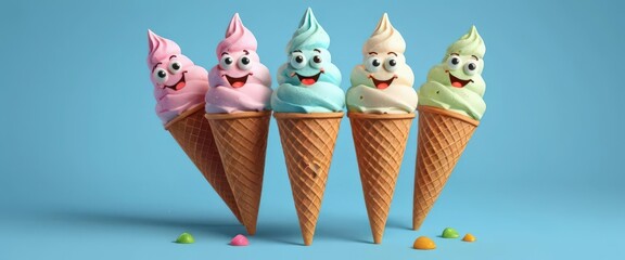 Playful cartoon ice cream cones with cheerful faces on a blue background.