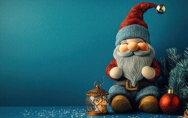 A magical gnome with glittering ornaments and a lantern, placed on a bold blue background