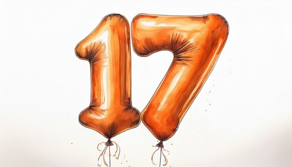 Naklejka premium Orange birthday / anniversary balloon, number 17, watercolor painting with white background