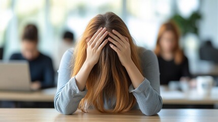 Woman Sitting at Desk Hands Covering Face Showing Stress