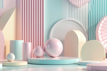 Fototapeta premium Pastel Geometric Wonderland: 3D Rendered Abstract Background Featuring Lovely Pastel Colors and Geometric Shapes