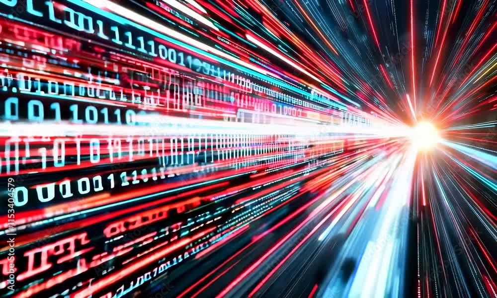 Poster a dynamic representation of data transmission, featuring binary code and vibrant light streaks. the 