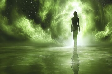 Obraz premium A mysterious figure, silhouetted and ethereal, emerges from a luminous green mist, creating a surreal and magical atmosphere.