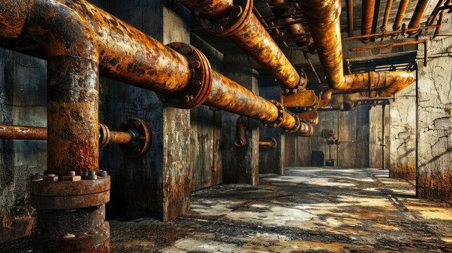 Rustic Industrial Basement: 3D Rendering of Grungy Vintage Room with Rust Pipes
