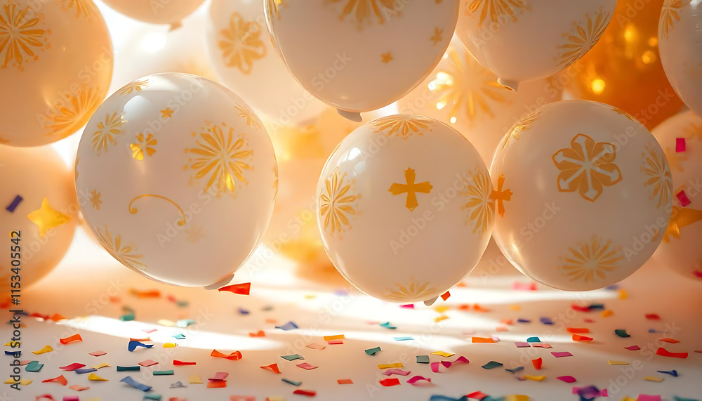Fototapete happy new year 2025, realistic gold and white balloons on a light background, banner template for 20