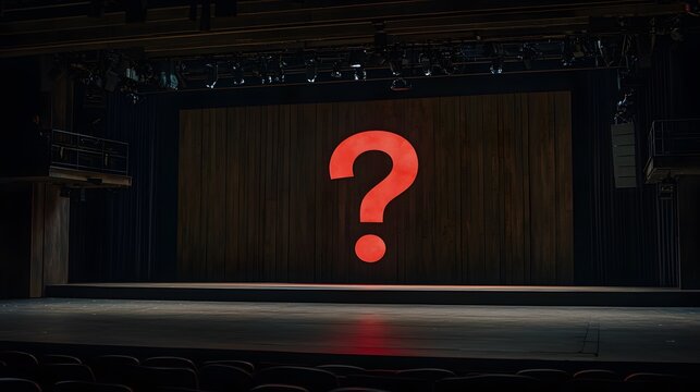 Mysterious Question Mark Displayed on Stage with Dim Lighting in a Modern Theater Setting, Evoking Curiosity and Anticipation for Upcoming Performance or Presentation - Powered by Adobe