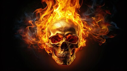 Burning Skull Silhouette, Fiery Head, Dark Background, Gothic, Halloween