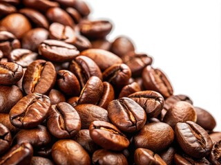 Fototapeta premium Close-up of roasted Brazilian coffee beans; high-resolution image on white, highlighting premium quality and coffee production.