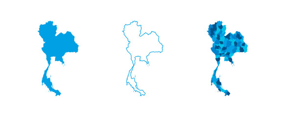 Obraz premium Thailand set of three maps - solid map, outline map and map highlighting administrative divisions. Three distinct maps illustrate various representations of a geographical area.