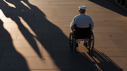 Obraz premium Decorated Military Man in Wheelchair at Sunrise Memorial Ceremony