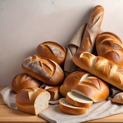 Assortment of freshly baked bread including rolls, baguettes, and sliced loaves on a wooden surface