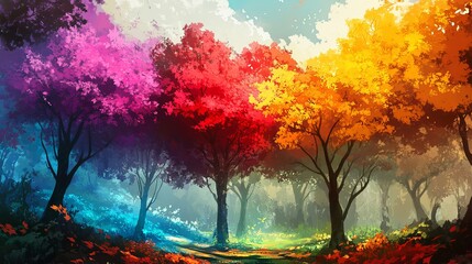 colorful trees, vibrant foliage, autumn leaves, bright forest, seasonal colors