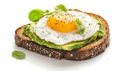 Avocado toast with fried egg on white background. Top view.
