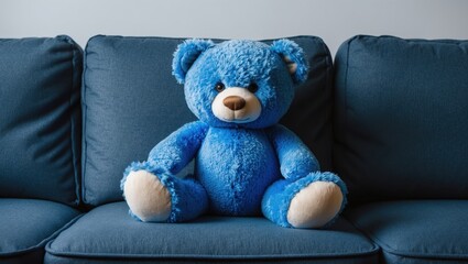 Adorable Blue Plush Bear on Modern Couch