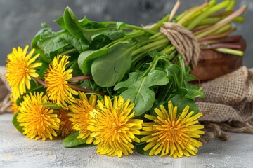 Dandelion greens with a leaf cut out on a white background