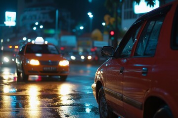 Nighttime city scene with taxis and wet pavement reflections.