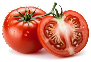 Ripe red tomatoes with water droplets, one tomato sliced in half revealing the juicy interior