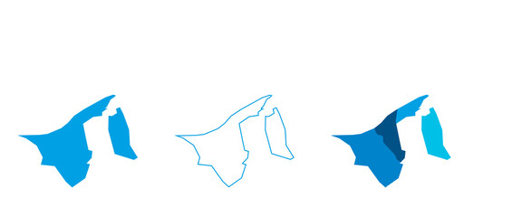 Brunei set of three maps - solid map, outline map and map highlighting administrative divisions. Three distinct maps illustrate various representations of a geographical area.