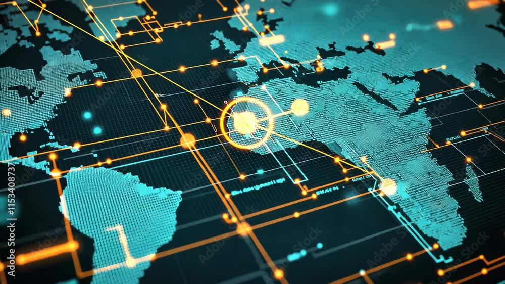 Poster futuristic digital world map with data visualization and connectivity elements