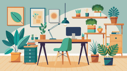 Home office with lots of greenery and comfortable furniture.