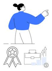 Fototapeta premium Professional woman pointing with confidence. Includes award ribbon, briefcase, growth chart, stack of coins. Ideal for career development, business success, personal growth, motivation leadership