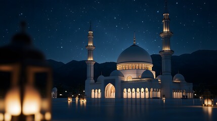 Majestic mosque illuminated at night under a starry sky in a serene landscape, showcasing intricate architectural details and glowing minarets, perfect for cultural or travel themes.