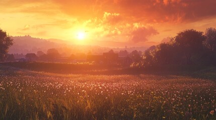 Obraz premium countryside sunset, golden horizon, rural landscape, peaceful evening, vibrant sky