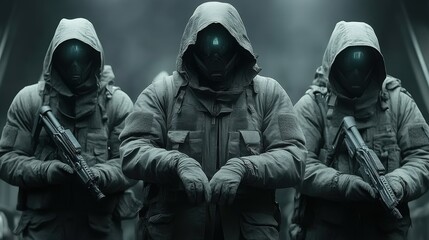 Three hooded figures in tactical gear.