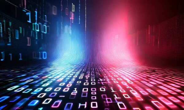 A futuristic digital landscape with flowing binary code in vibrant blue and pink hues. The scene conveys a sense of technology and data movement, with glowing lines and a reflective surface.