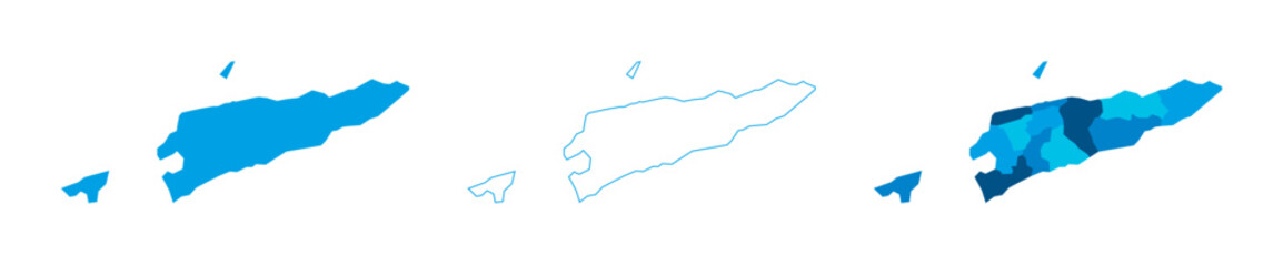 East Timor set of three maps - solid map, outline map and map highlighting administrative divisions. Three distinct maps illustrate various representations of a geographical area.