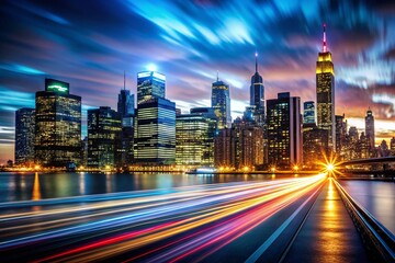 Fototapeta premium City Night Lights Motion Blur Silhouette Photography - Urban Skyline at Dusk