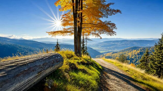 Vibrant Autumn Landscape with Rolling Hills and Sunlight in Clearcut Area