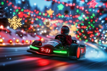 Kart racer driving on snowy track with christmas lights at night