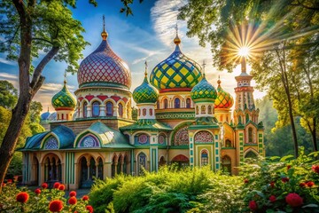 Obraz premium Vibrant Dome Building, Lush Greenery: Candid Architectural Stock Photo