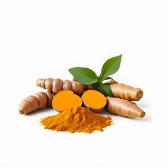 Fresh turmeric roots with leaves, and a pile of ground turmeric powder