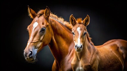 Fototapeta premium Close-up Brown Horse Foal with Mare, Isolated Black Background - Stock Photo