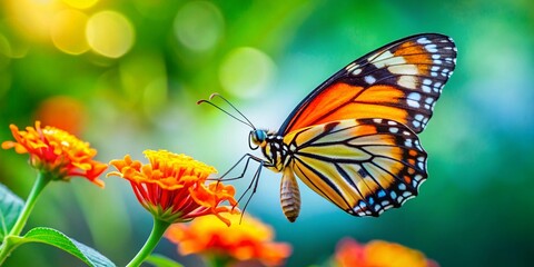 Obraz premium Close-up Butterfly Slow Motion Wing Flaps Feeding on Flower, Green Nature Background