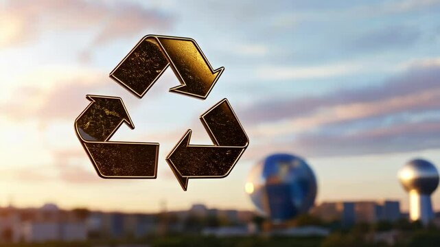 Golden Recycling Symbol in 3D Animation with Blurred Background Effects