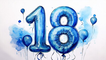 Blue birthday / anniversary balloon, number 18, watercolor painting with white background