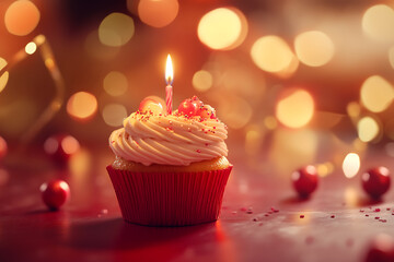 Delicious cupcake with lit candle celebrating a birthday on shiny red background
