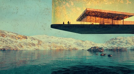 Futuristic House Design  Hologram Architecture over Lake   Mountains