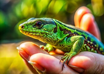 Fototapeta premium Close-up of a small lizard gently held in human hands, showcasing intricate scales and vibrant colors against a blurred natural background.