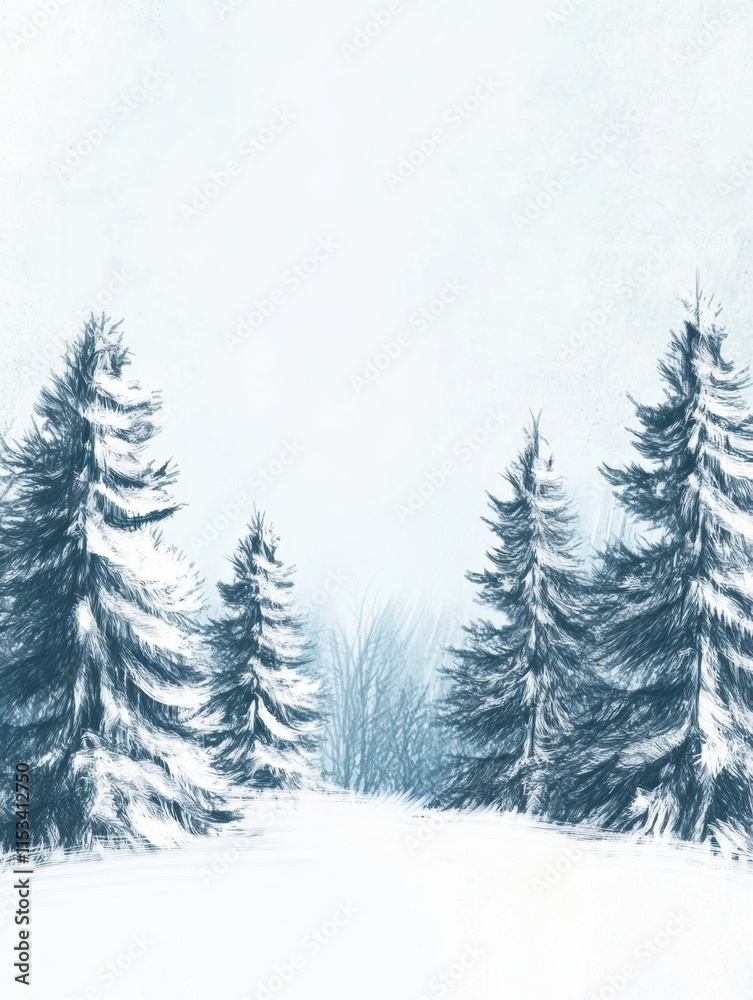 Poster Winter doodle showcasing snow covered trees in a serene landscape during a calm season of frost and tranquility. Generative AI