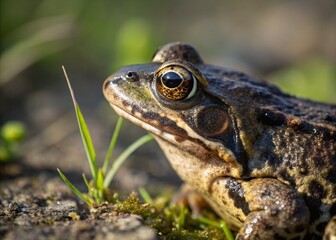 Fototapeta premium Close-Up of Frog with Striking Eyes - Low Light Nature Photography