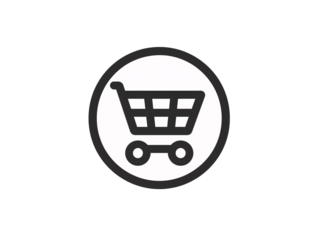 a black and white circle with a shopping cart in it